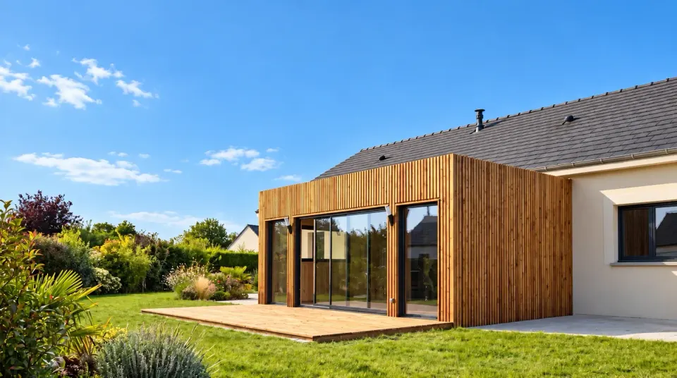 Extension de maison en ossature bois à bardage vertical et baies coulissantes, accolée à une maison de plain-pied, terrasse bois sur jardin