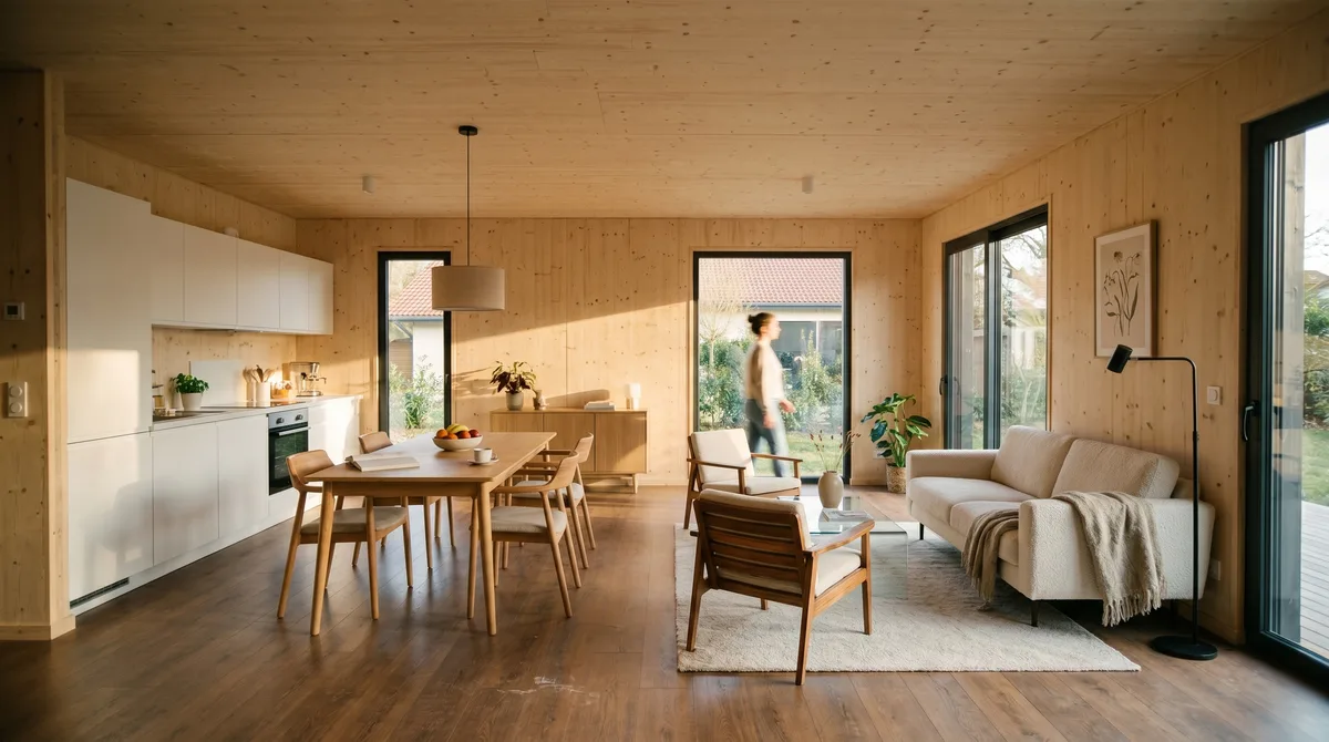 Séjour de la maison en bois Greenkub M100C, 100 m², vue intérieure