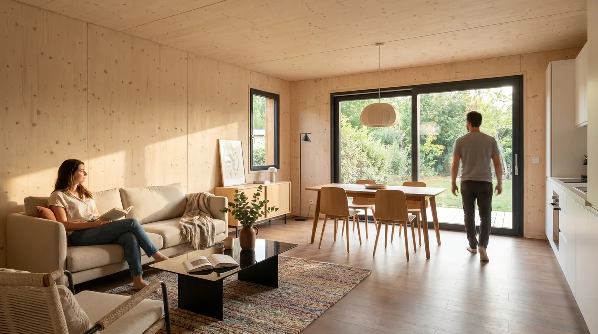 Séjour de la maison en bois Greenkub M60T, 60 m², vue intérieure