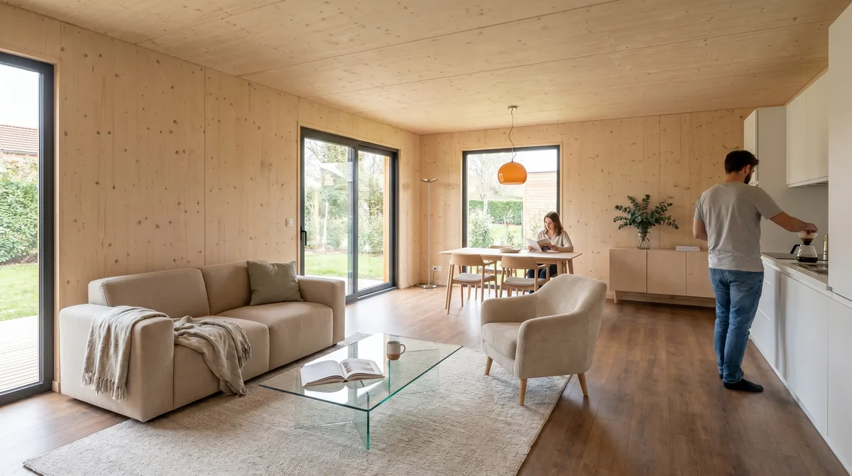 Séjour de la maison en bois Greenkub M70T, 70 m², vue intérieure