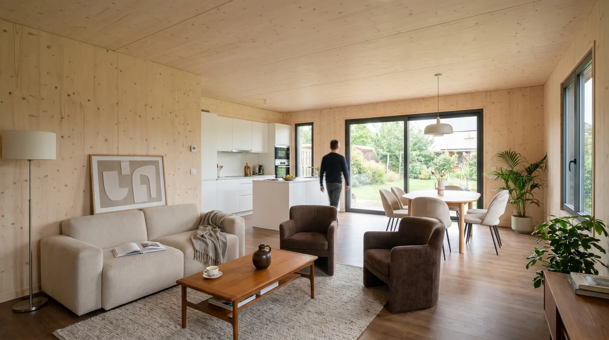 Séjour de la maison en bois Greenkub M80U, 80 m², vue intérieure