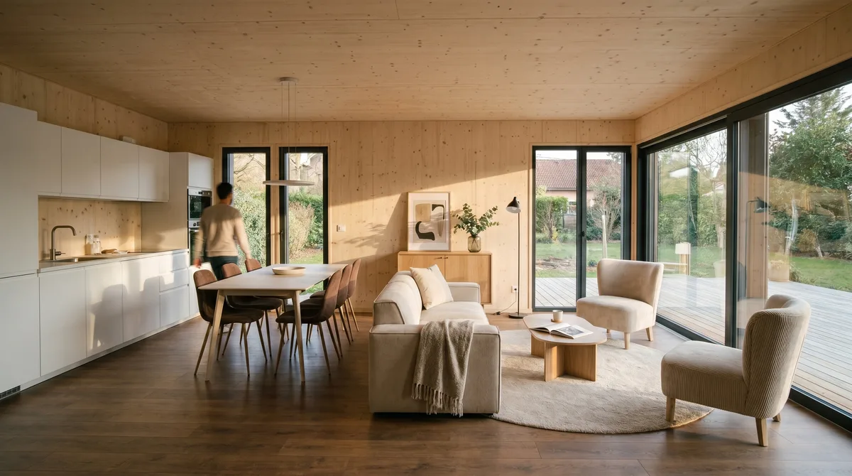 Séjour de la maison en bois Greenkub M90T, 90 m², vue intérieure